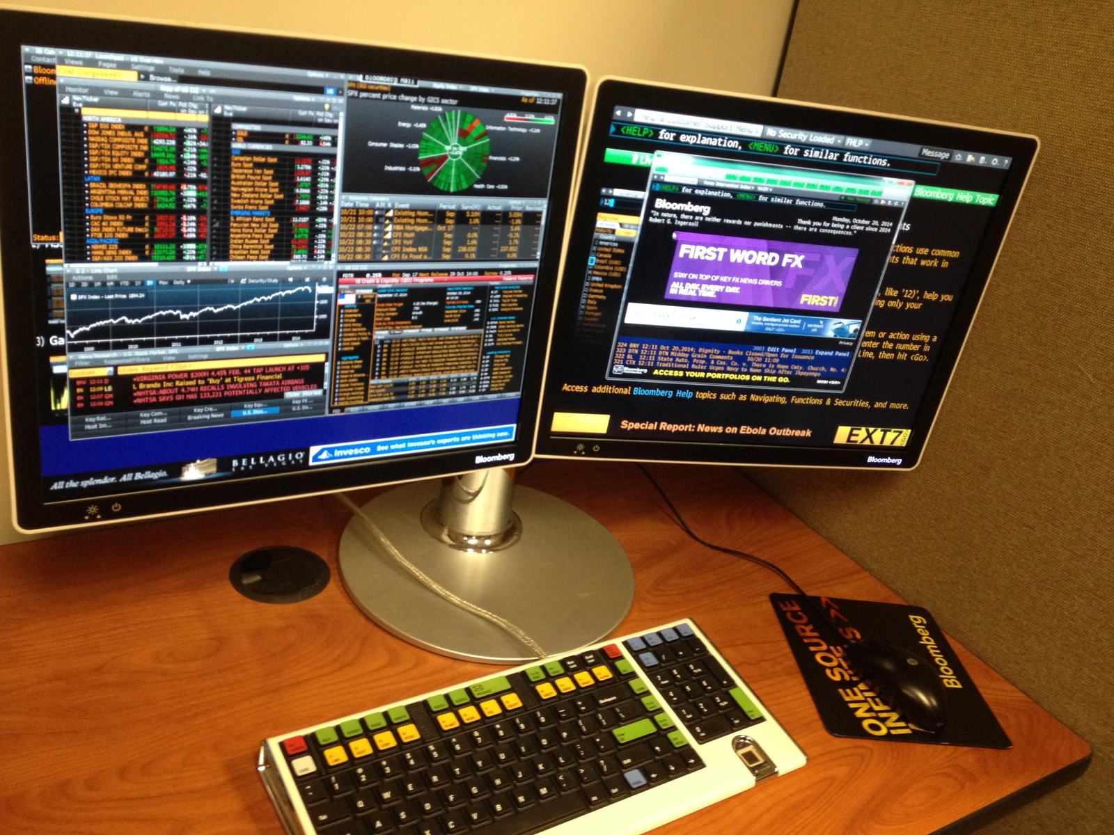 A Bloomberg market-data terminal with a specialised keyboard showing quote lists and analytics screens